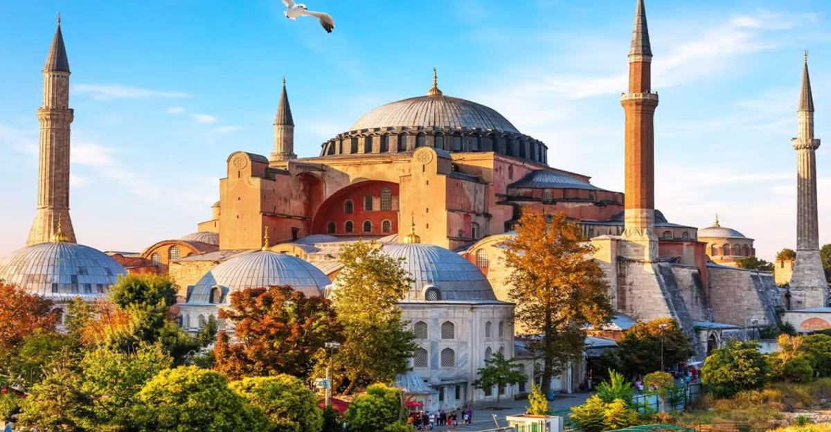 Hagia Sophia exterior view showing the main dome and minarets in Istanbul, Turkey.