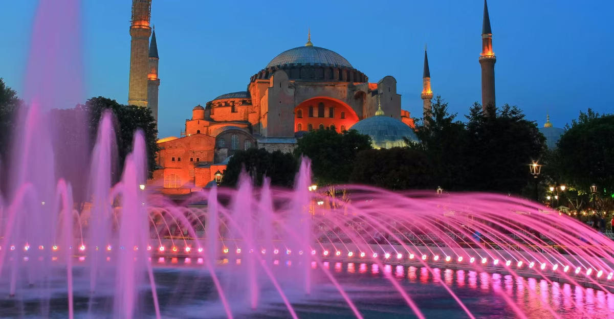 Hagia Sophia illuminated at night from Sultanahmet Square